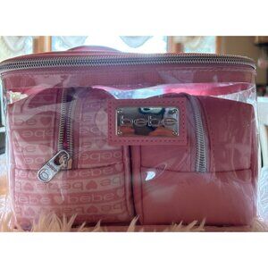 Bebe Pink & Clear Cosmetic Bag Set Of 3 With Rhinestone Logo and Hearts